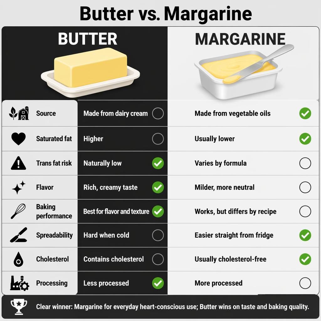 Black-and-white split infographic comparing Butter vs. Margarine with 8 rows, icons, winners, and a verdict bar.
