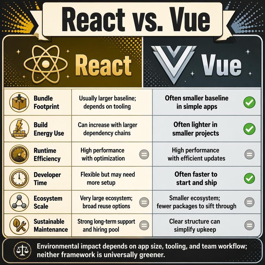 Retro pop React vs. Vue comparison infographic with 6 metric rows, gold and silver columns, icons, and neutral summary bar.