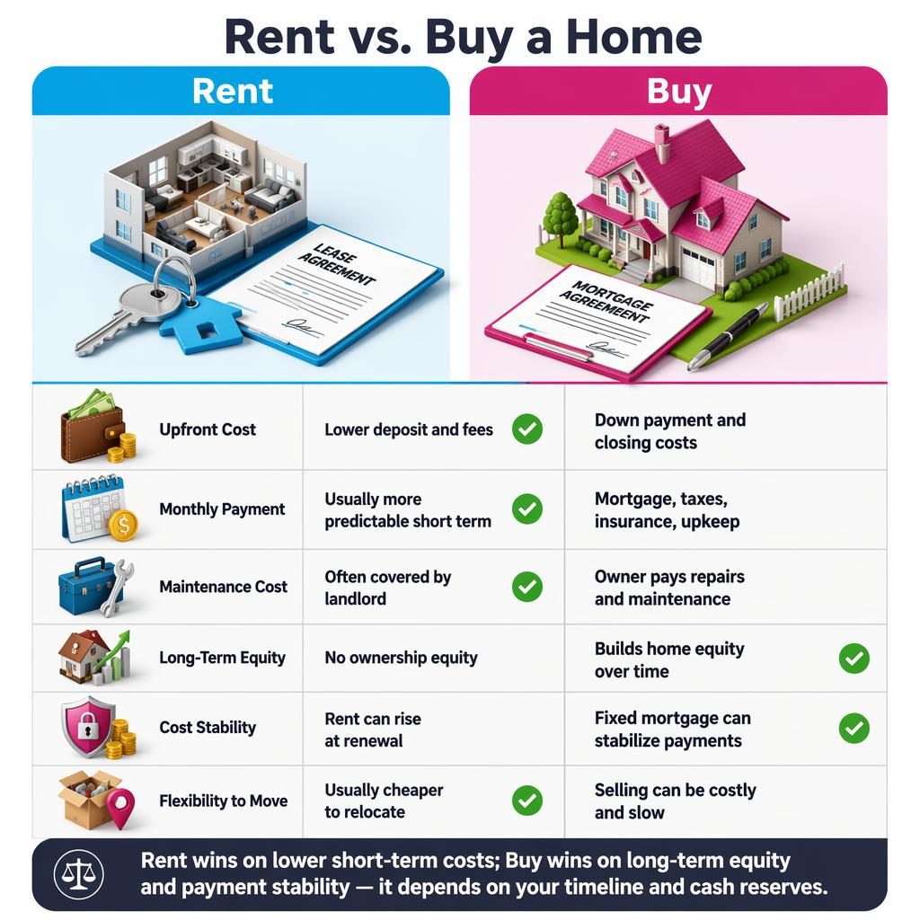 Isometric infographic comparing Rent vs Buy a Home in two columns with 6 cost rows, icons, winner highlights, and verdict bar.
