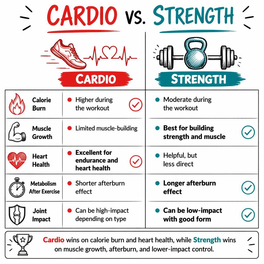 Infographie style tableau blanc comparant Cardio et Strength en deux colonnes avec 5 critères, icônes dessinées et verdict final.
