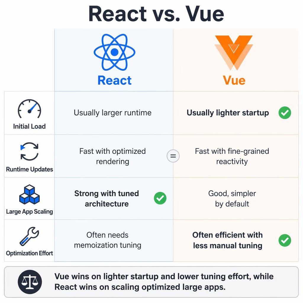 Mapa comparativo React vs. Vue en dos columnas con 4 filas de atributos, iconos, ganadores sutiles y veredicto final.