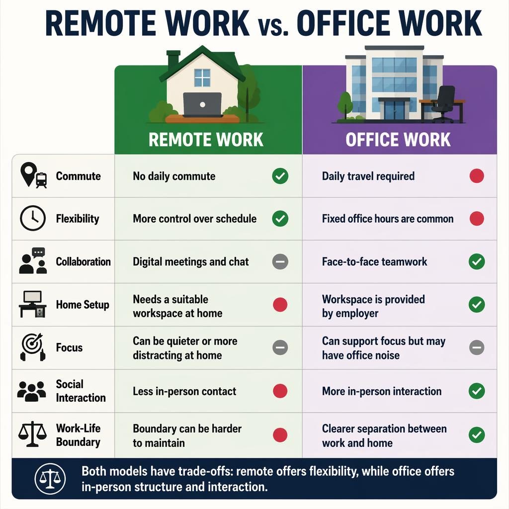 Infographie comparative en deux colonnes : télétravail en vert vs bureau en violet, 7 critères, icônes et verdict neutre.