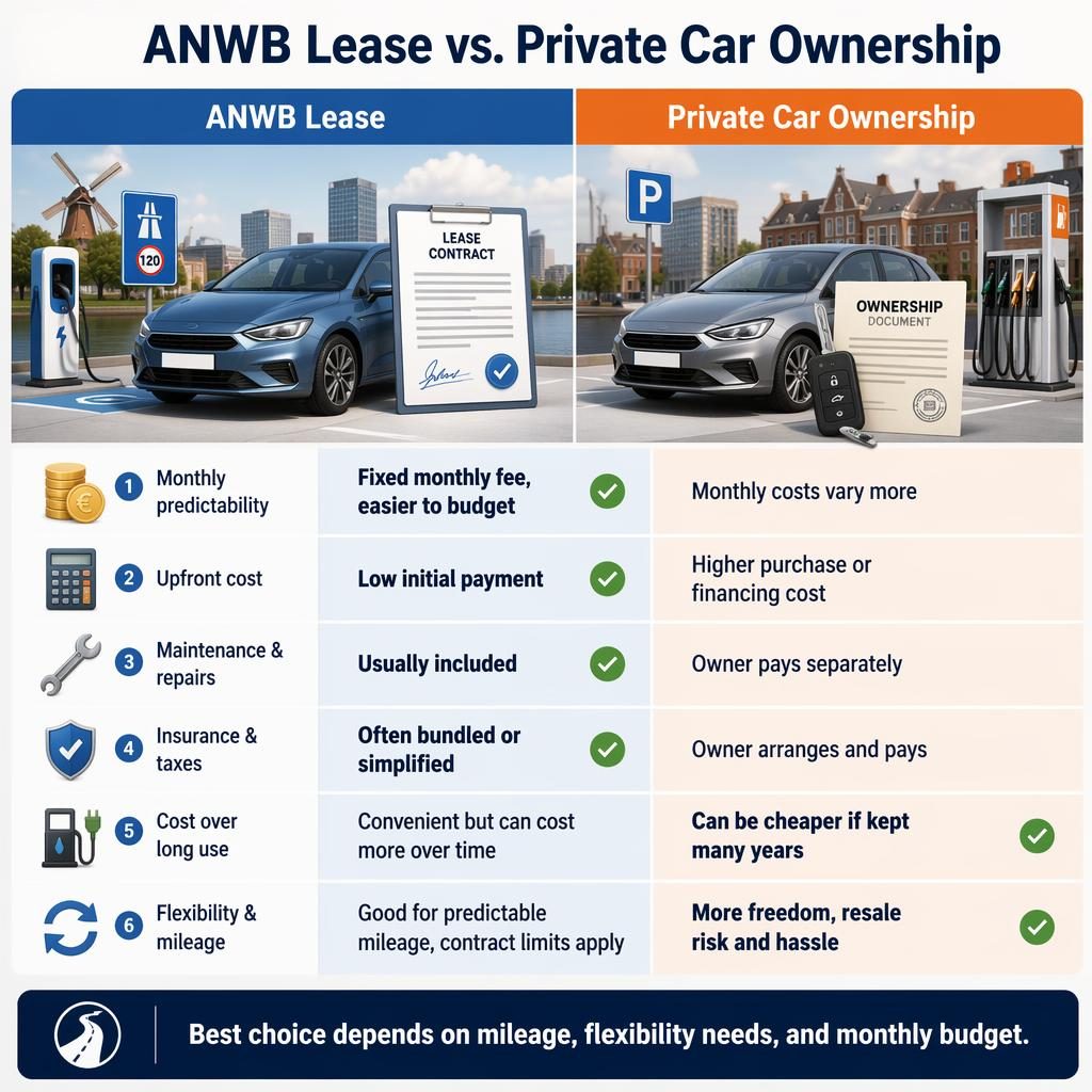 Infographic met twee kolommen: anwb lease versus privé autobezit, 6 kostenrijen, pictogrammen, blauwe en oranje accenten.