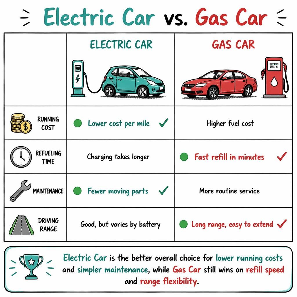 Infographie en deux colonnes comparant voiture électrique et voiture thermique, style croquis, avec 4 critères et verdict final.