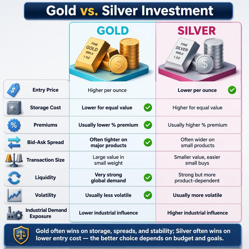 Side-by-side infographic comparing Gold vs Silver investment across 8 rows with isometric 3D bars, coins, icons, and verdict bar.