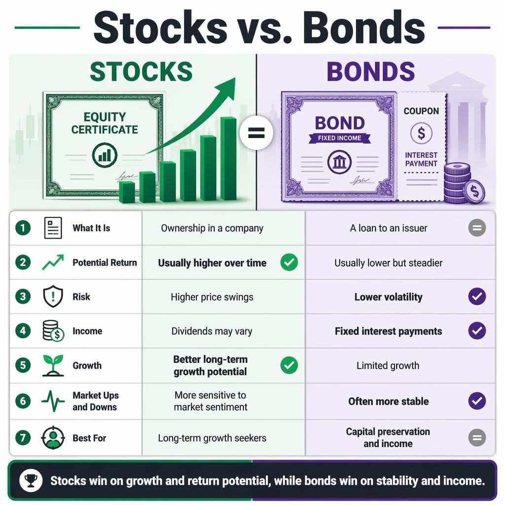 Side-by-side Stocks vs. Bonds infographic with 7 comparison rows, green and purple columns, icons, and verdict bar.