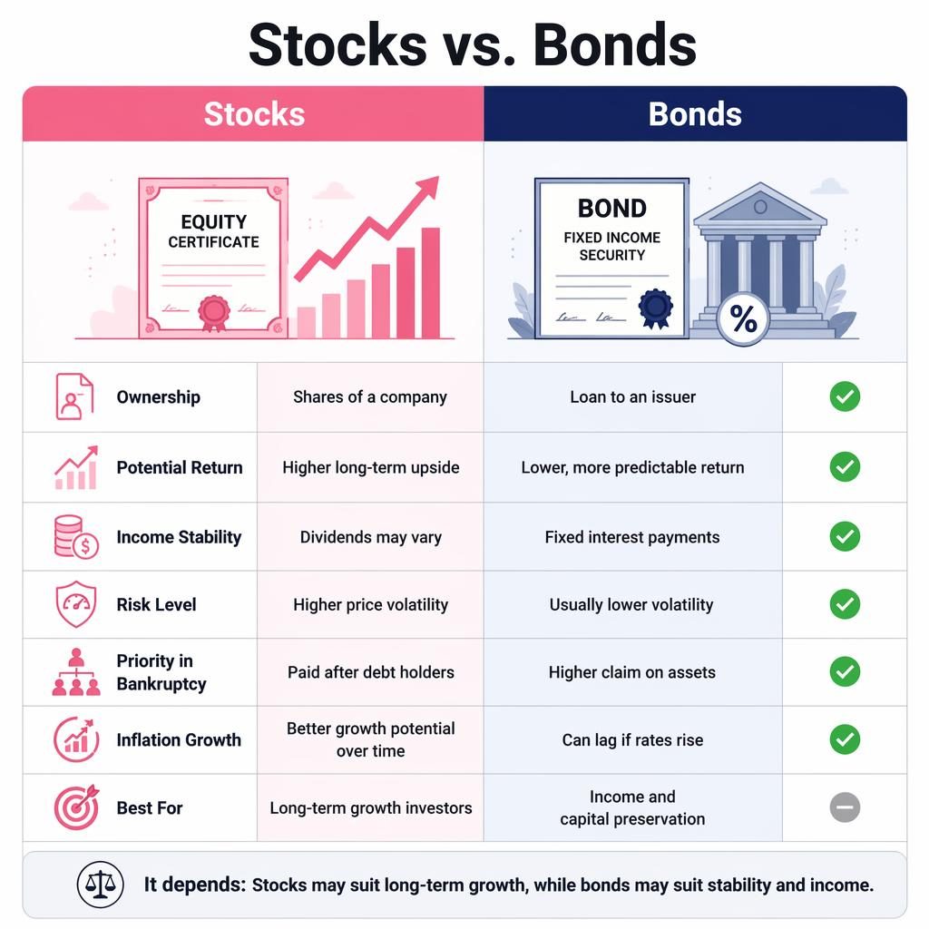 Infographie comparative en deux colonnes Stocks vs Bonds, 7 critères, icônes, accents rose et bleu marine.
