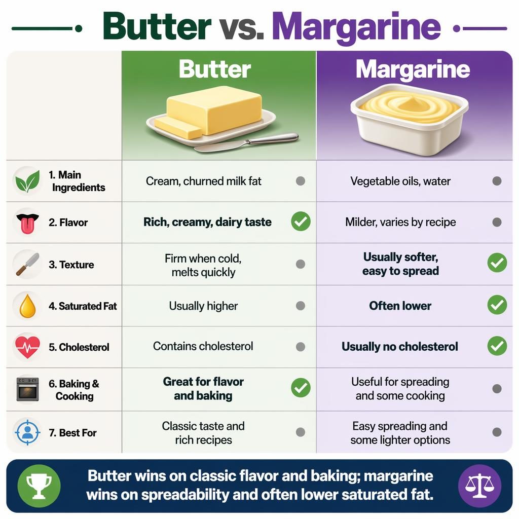 Vertical split infographic comparing Butter and Margarine in 7 rows with icons, winner accents, and a bottom verdict bar.