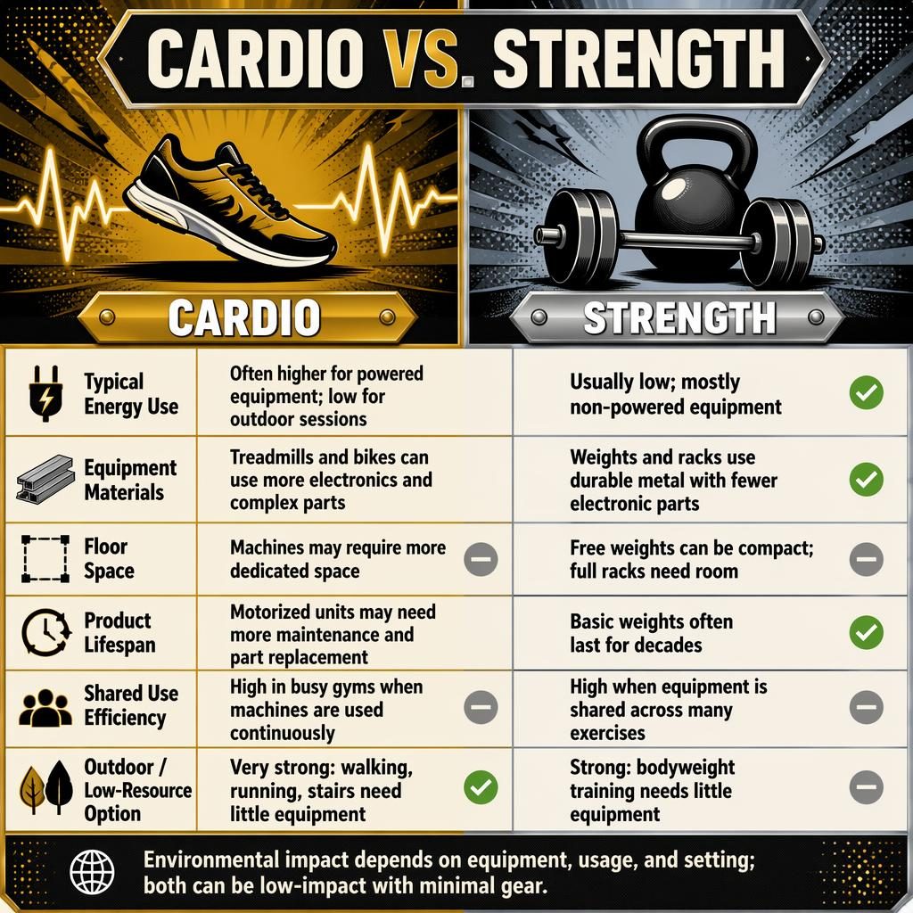 Infographie comparative rétro en deux colonnes Cardio vs Strength, 6 rangées d’attributs, icônes fitness, accents or et argent.