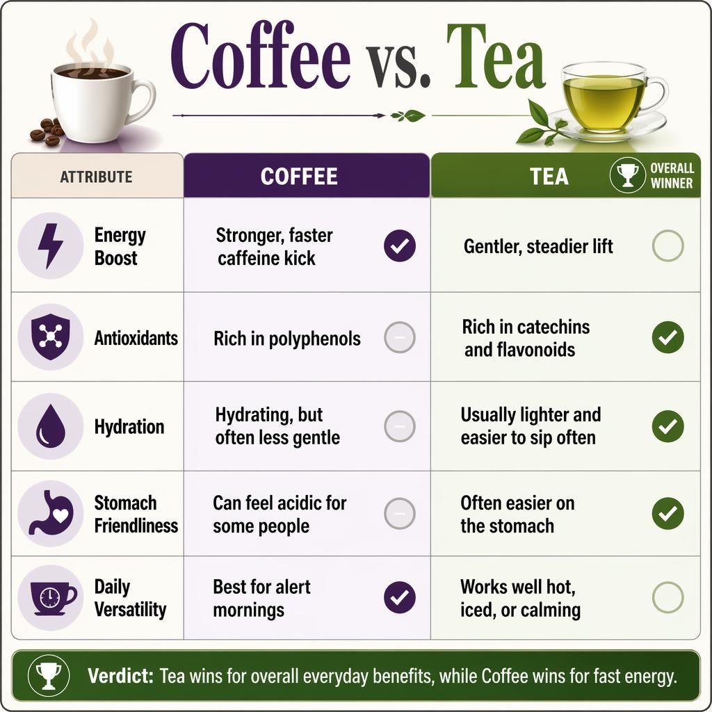 Infographie Coffee vs Tea en deux colonnes symétriques, 5 critères, icônes simples, accents violet et vert.
