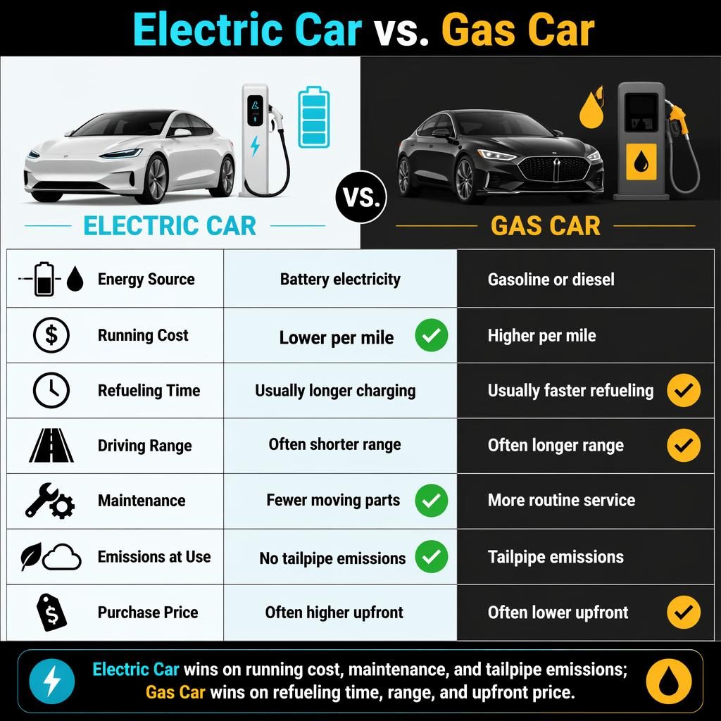 Infografía comparativa en dos columnas entre coche eléctrico y coche de gasolina, con 7 filas, iconos y veredicto final.