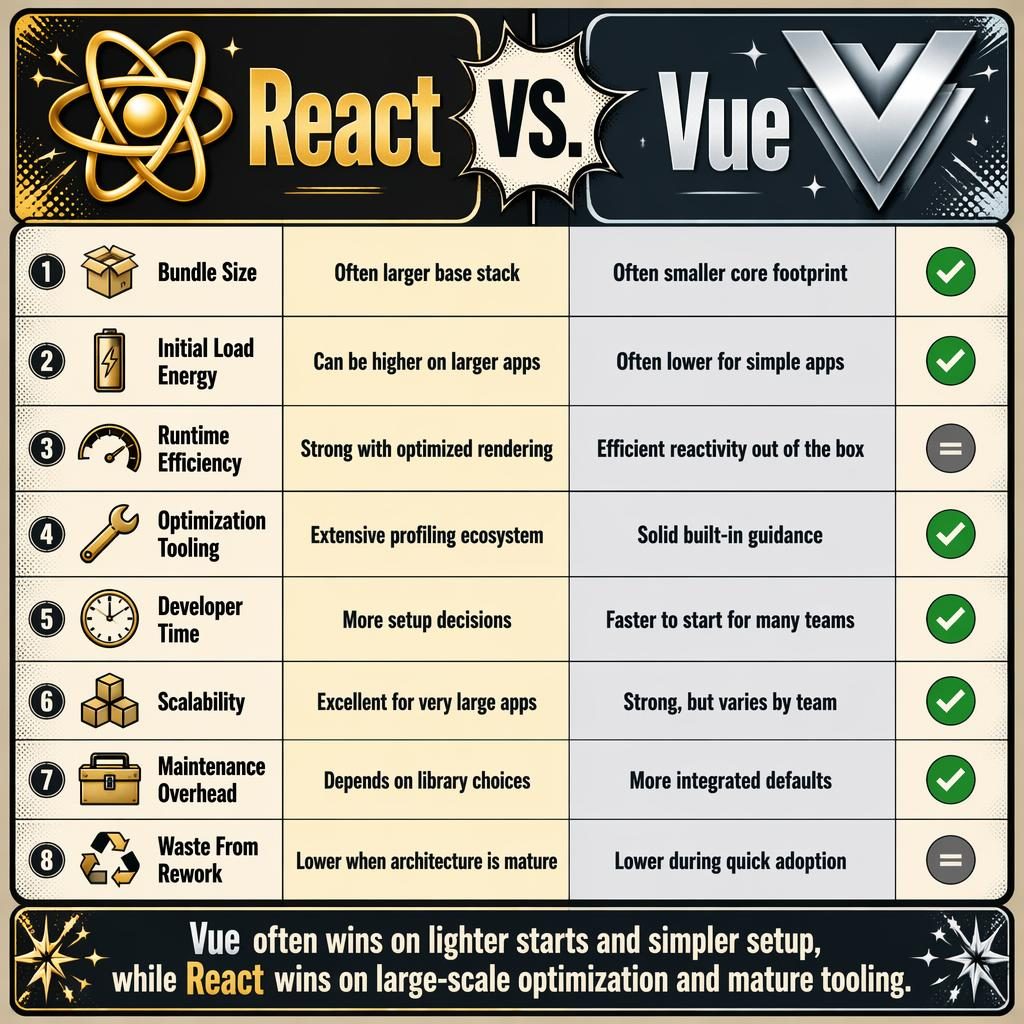 Infographie rétro pop en deux colonnes comparant React et Vue, avec 8 critères, séparateur central, accents or et argent.