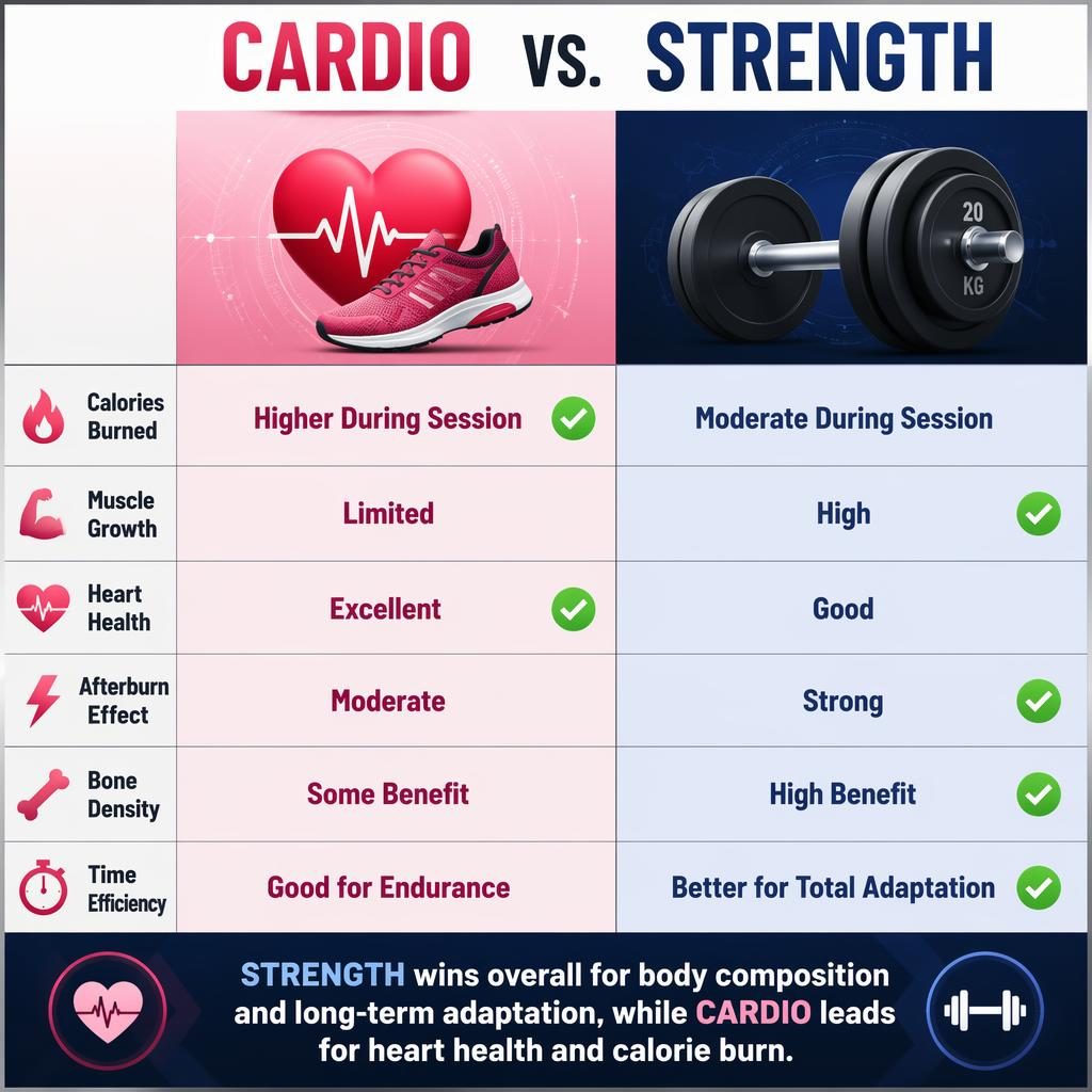 Infographie comparatif nvidia en deux colonnes, Cardio à gauche et Strength à droite, avec 6 critères et verdict final.