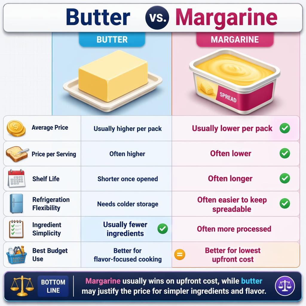 Infographie comparative Butter vs. Margarine en 2 colonnes, 6 critères, icônes isométriques 3D et verdict équilibré.
