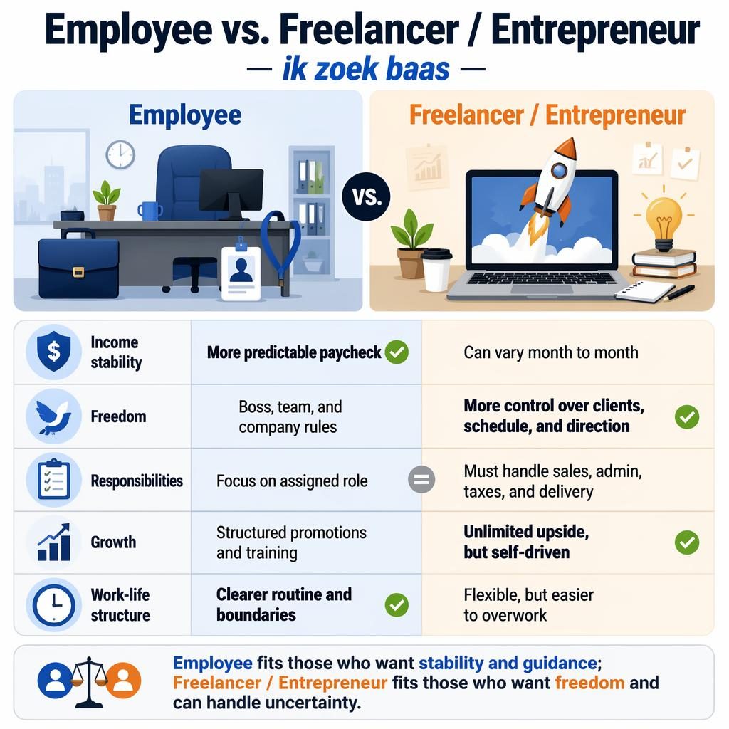 Infographic met twee kolommen: Employee versus Freelancer/Entrepreneur, met subtitle ik zoek baas en 5 vergelijkingsrijen.