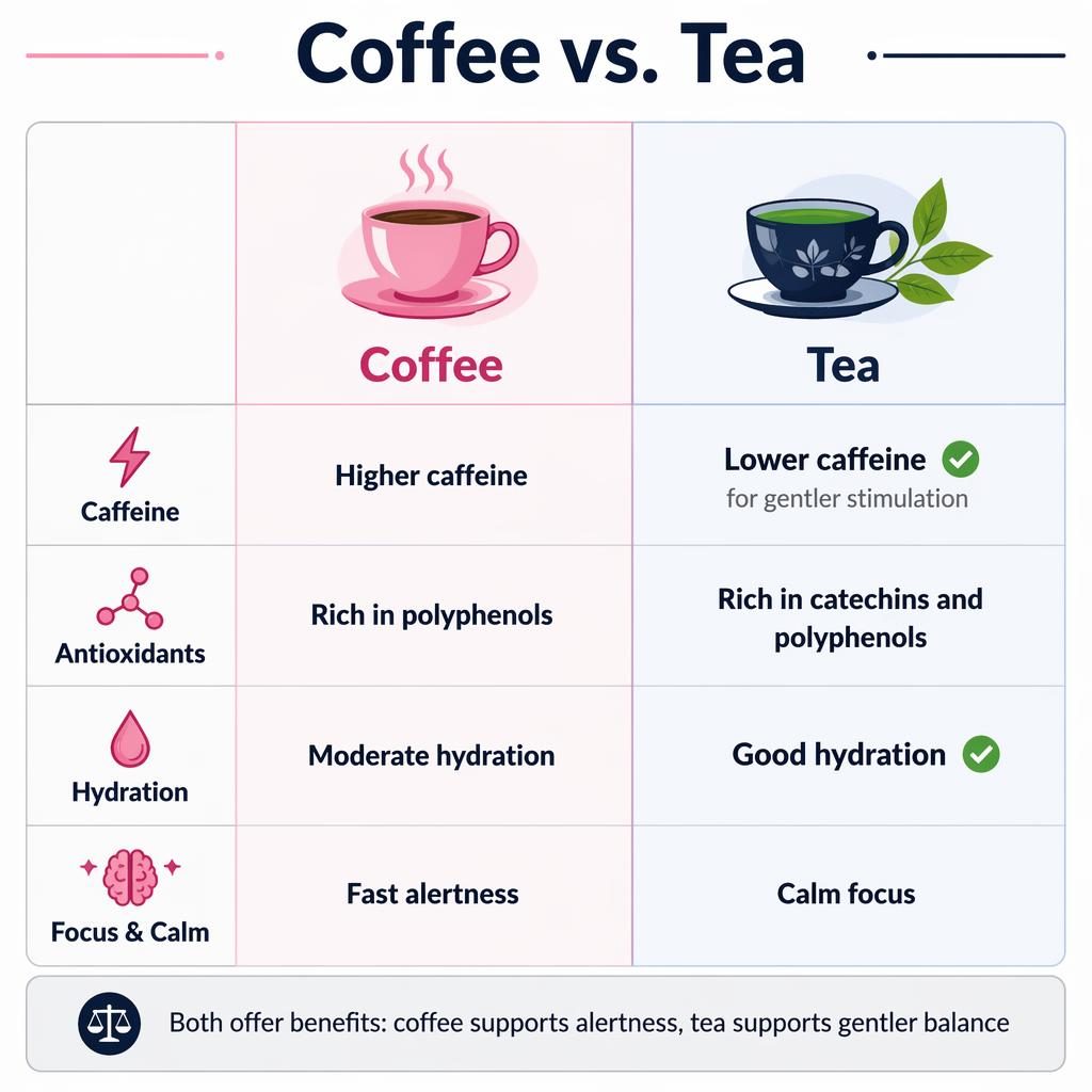 Side-by-side Coffee vs. Tea comparison infographic with 4 attribute rows, pink and navy columns, icons, and subtle highlights.