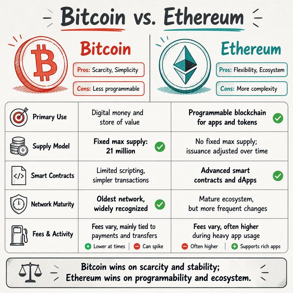 Infografía comparativa Bitcoin vs. Ethereum en dos columnas, estilo pizarra, con 5 filas de atributos y veredicto final.