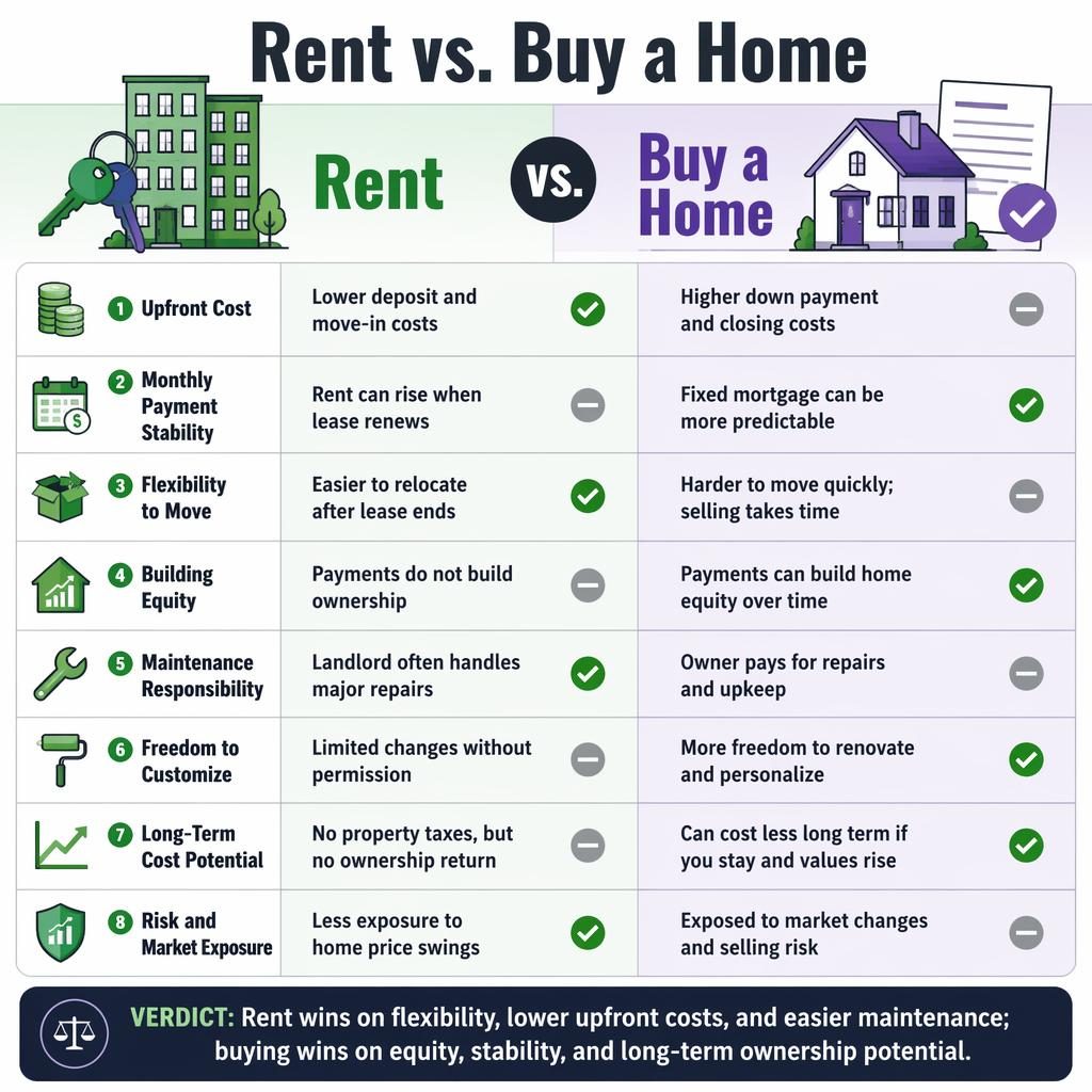 Side-by-side Rent vs. Buy a Home infographic with 8 comparison rows, green and purple columns, icons, and verdict bar.