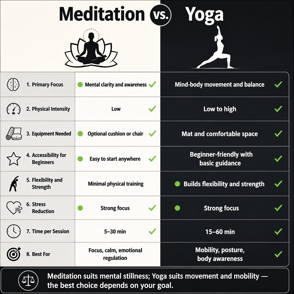 Infographie comparative Meditation vs. Yoga en deux colonnes, 8 rangées, icônes, contraste noir et blanc, verdict en bas.