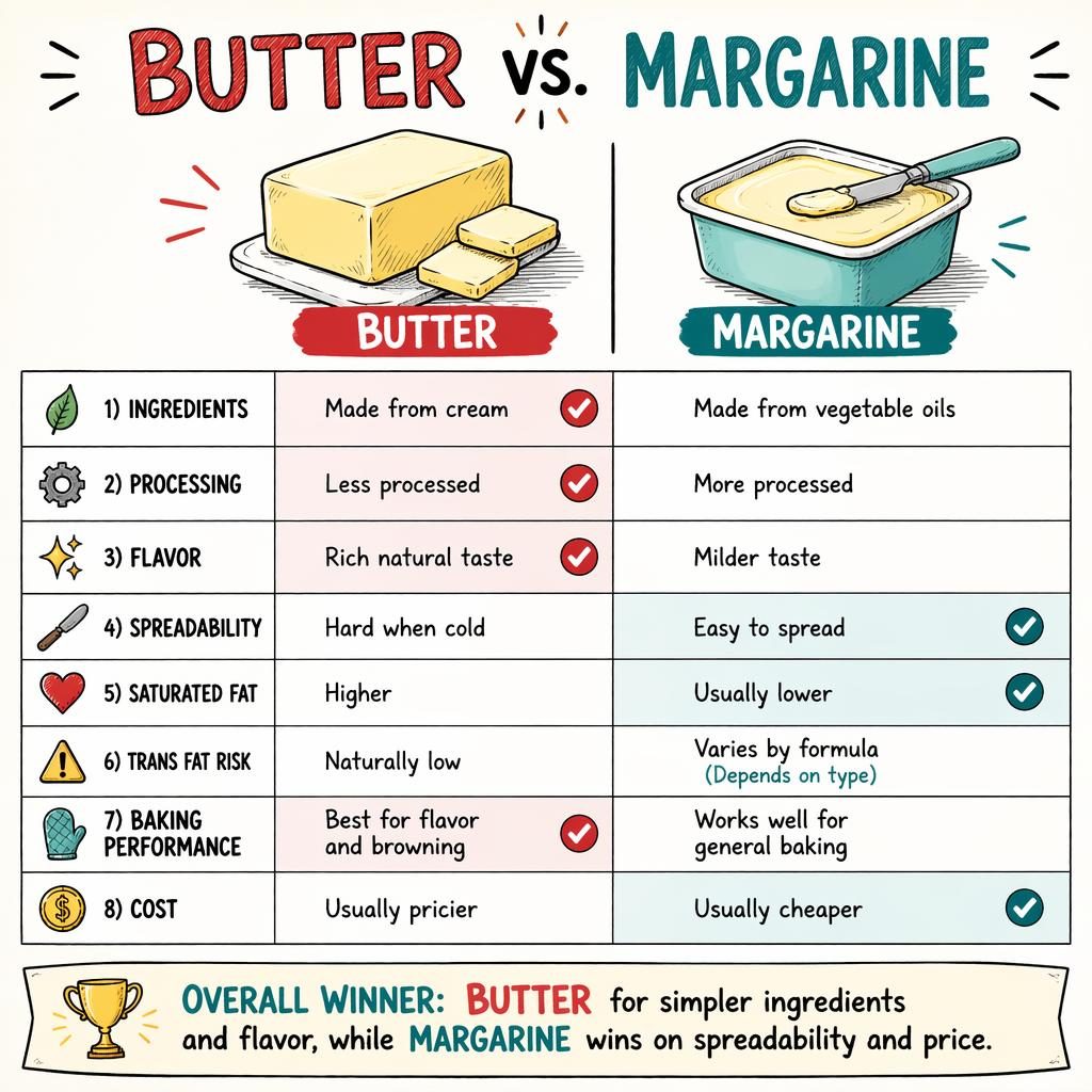 Infografía comparativa estilo pizarra de mantequilla vs margarina con dos columnas, 8 filas, iconos y veredicto final.