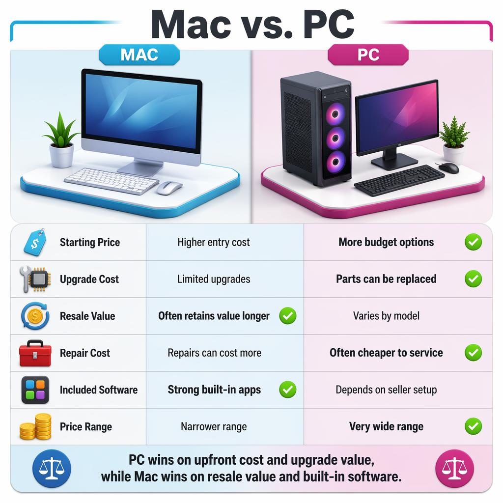 Infografía comparativa Mac vs PC con 6 filas de atributos, dos columnas simétricas, iconos genéricos y barra de veredicto final.