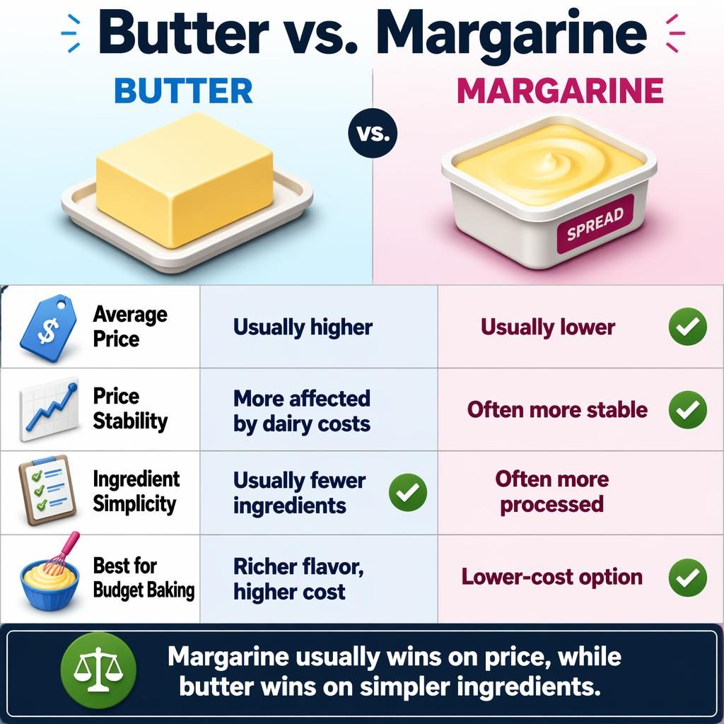 Infografía 3D isométrica Butter vs. Margarine con dos columnas, 4 filas comparativas, iconos, ganadores y veredicto final.