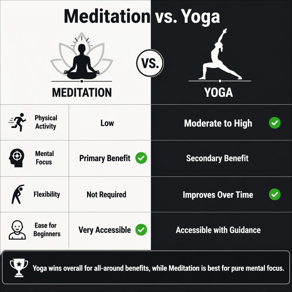 Infographie en deux colonnes Meditation vs. Yoga, 4 critères comparés et verdict final en bas, style noir et blanc.