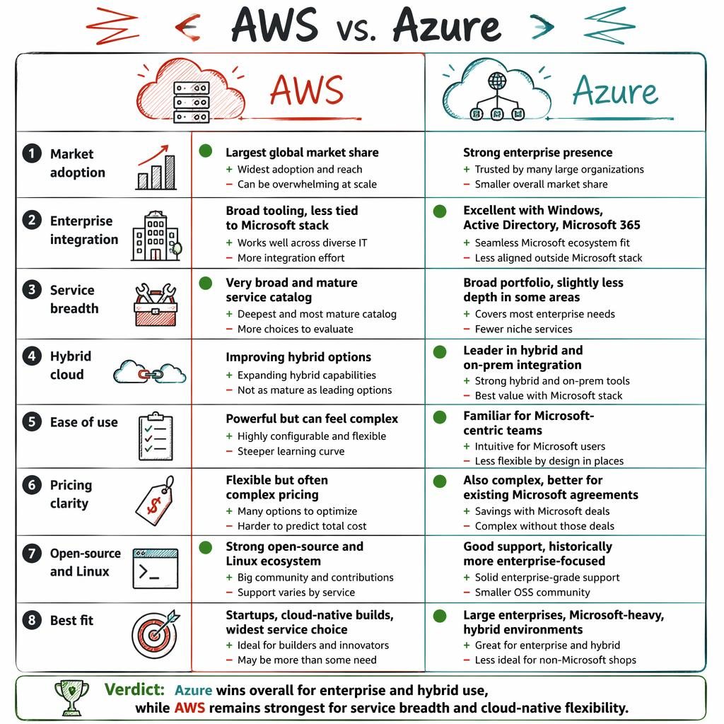 Sketch-style AWS vs. Azure comparison infographic with 8 rows, red and teal columns, icons, checklist cues, and verdict bar.