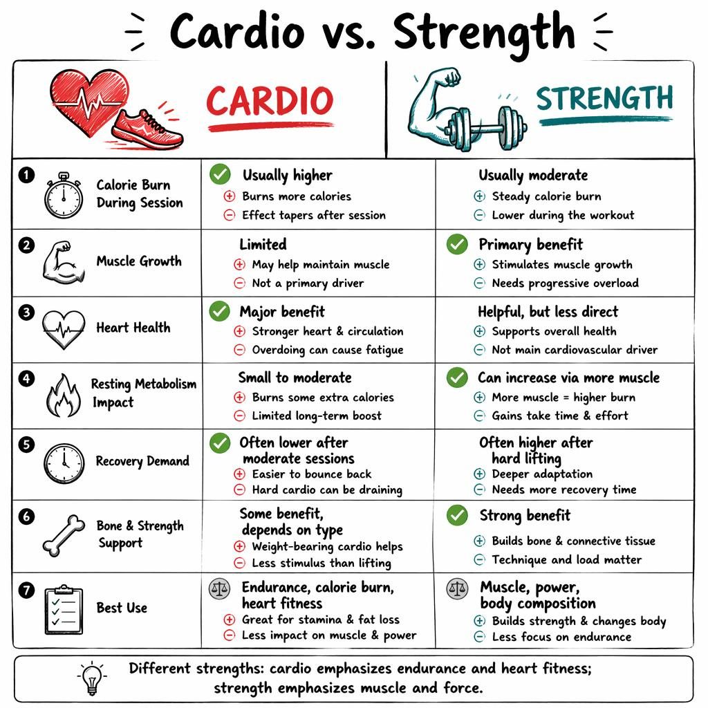 Infographie comparatif nvidia style tableau blanc, Cardio vs Strength, 2 colonnes, 7 lignes, accents rouge et teal.