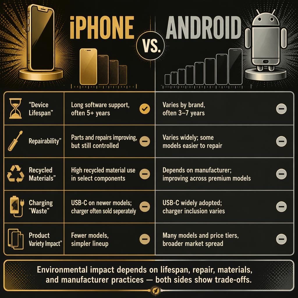 Infographie rétro en deux colonnes iPhone or et Android argent, 5 rangées comparatives, fond sombre et accents pop.