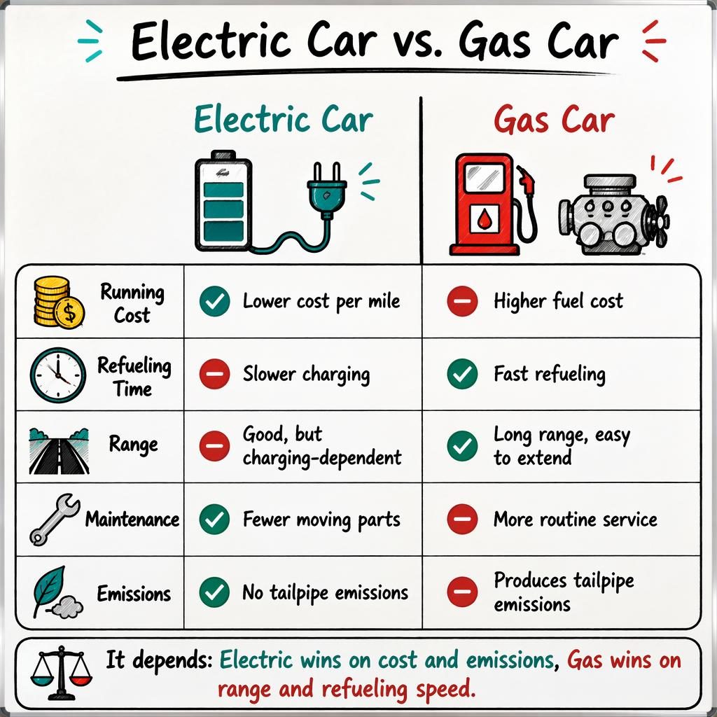 Sketch-style infographic comparing electric car vs gas car in two columns with 5 rows, icons, winner cues, and verdict bar.