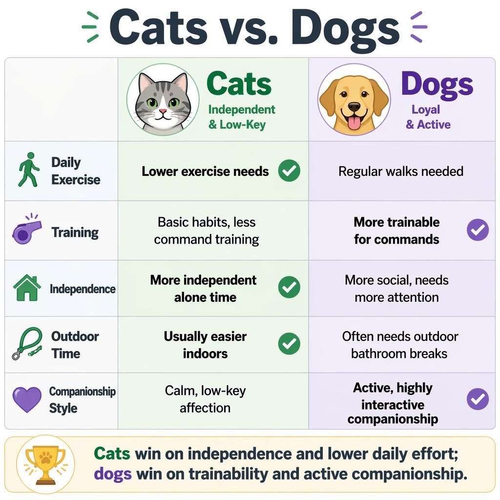 Infographie comparative Cats vs. Dogs en deux colonnes avec 5 critères, icônes, accents vert et violet, et verdict final.