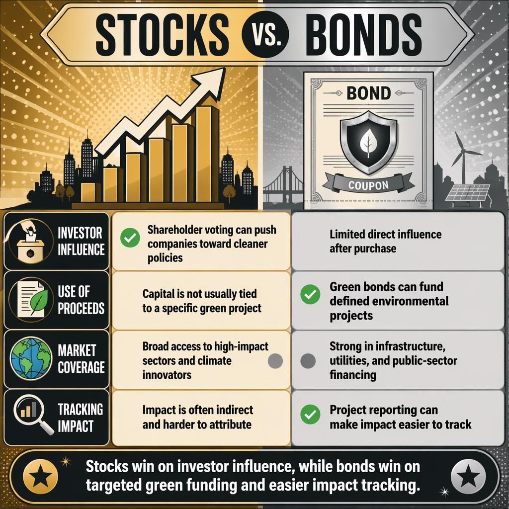 Retro pop infographic comparing Stocks vs. Bonds in two columns with 4 rows, icons, gold and silver palette, and verdict bar.