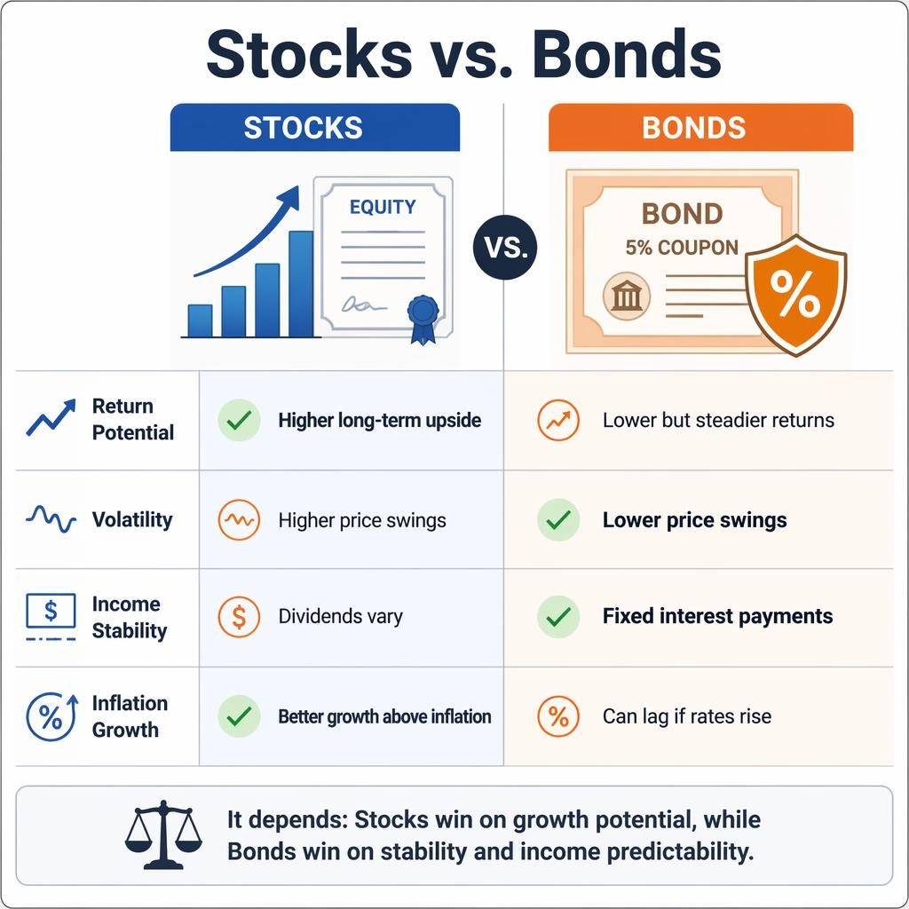 Minimal infographic comparing Stocks vs. Bonds in two columns with four attribute rows and a bottom verdict bar.