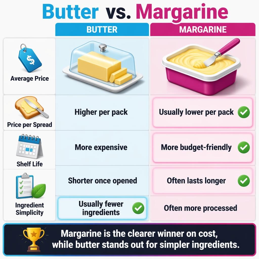 Isometric infographic comparing butter vs. margarine with 4 cost-focused rows, winner highlights, and a bottom verdict bar.
