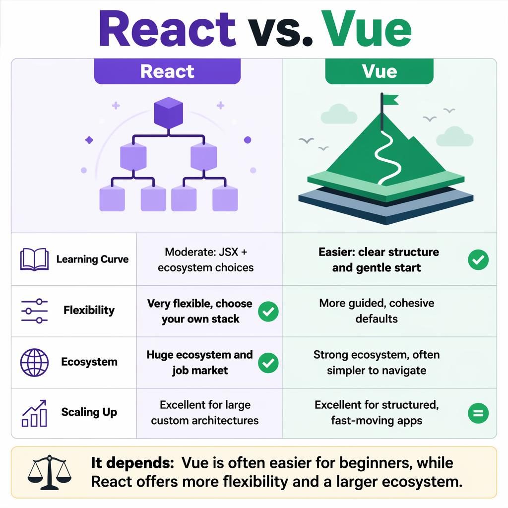Infographie comparative React vs. Vue en deux colonnes, 4 critères, symboles génériques et verdict en bas.