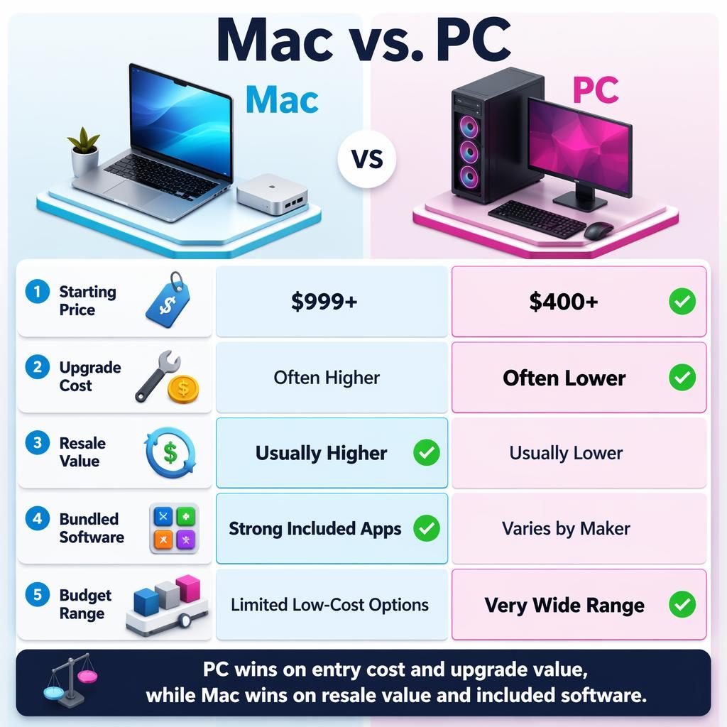 Isometric Mac vs PC product comparison chart with 5 cost rows, winner highlights, device icons, and balanced verdict bar.