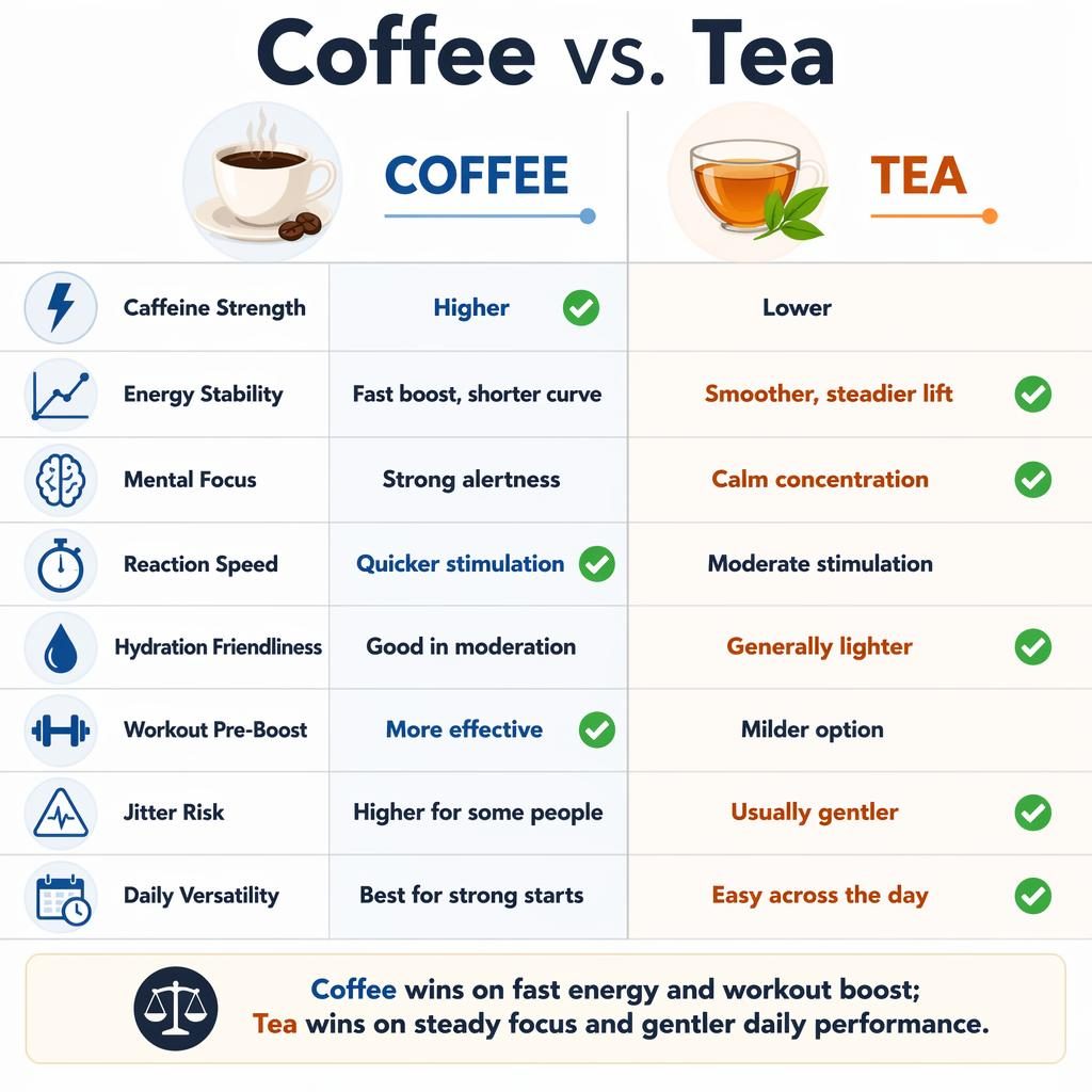 Vertical split infographic comparing Coffee vs Tea across 8 rows with icons, blue and orange columns, and a verdict bar.