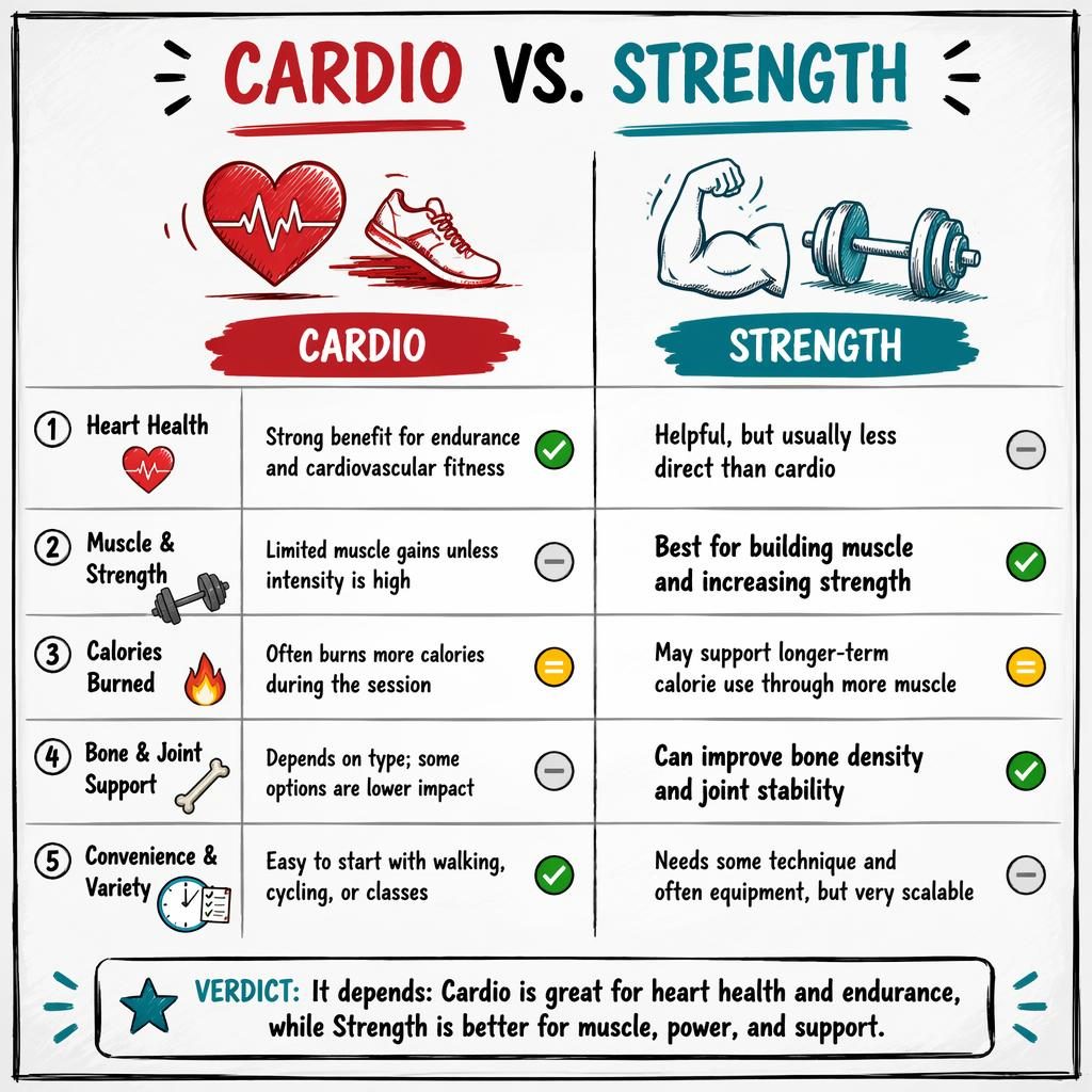 Whiteboard-style comparison infographic with Cardio and Strength columns, 5 checklist rows, icons, and a verdict bar.