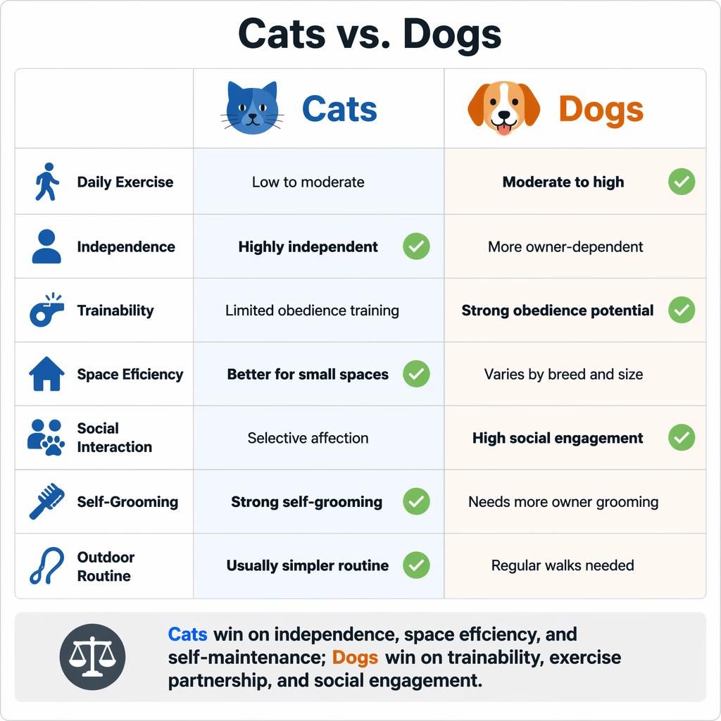 Vertical split infographic comparing Cats vs Dogs with 7 rows, blue cat side, orange dog side, icons, winner marks, and verdict bar.
