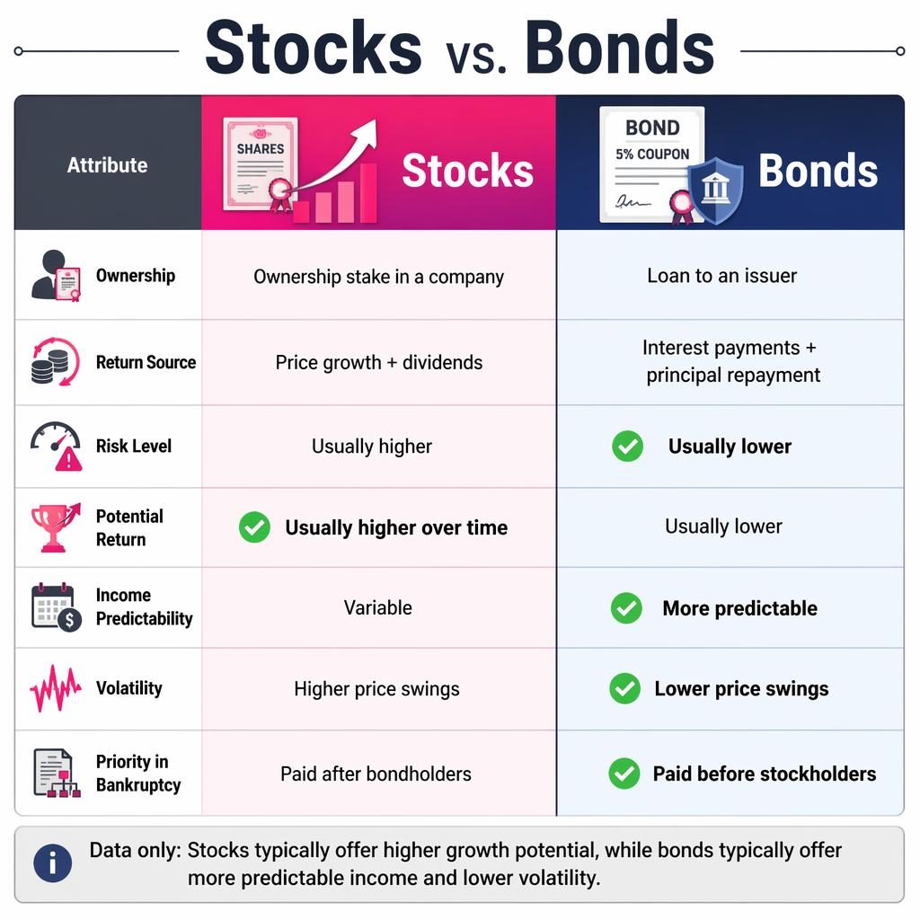 Side-by-side Stocks vs. Bonds infographic with 7-row comparison table, pink stocks column, navy bonds column, and icons.