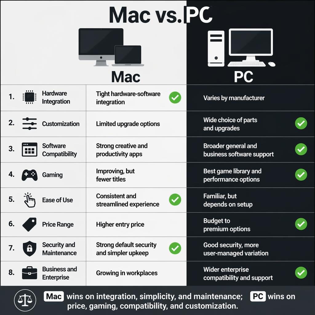Infografia comparativa Mac vs. PC con dos columnas, 8 filas de atributos, iconos minimalistas y veredicto final en inglés.