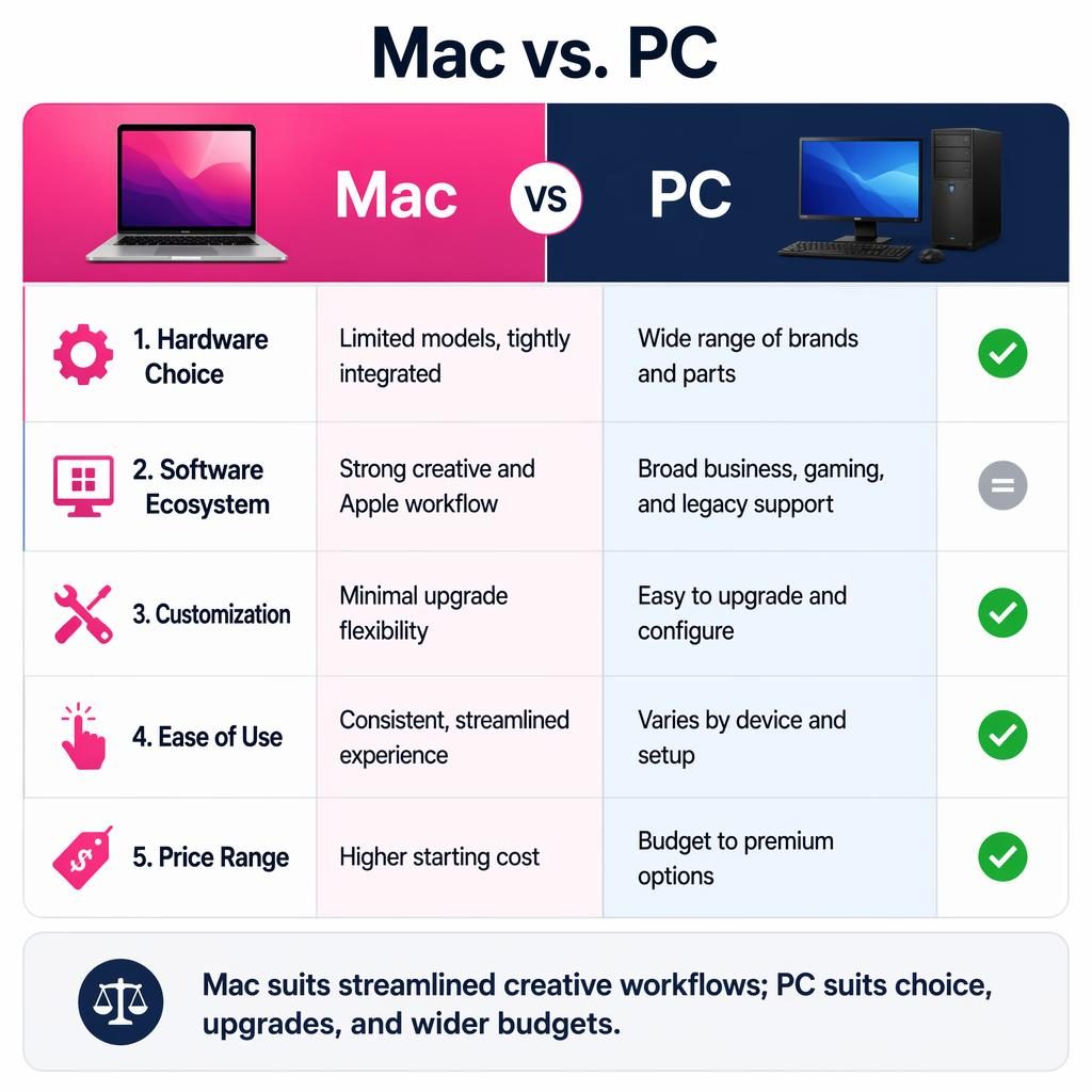 Side-by-side Mac vs PC comparison infographic with 5 feature rows, icons, winner highlights, and a balanced verdict bar.