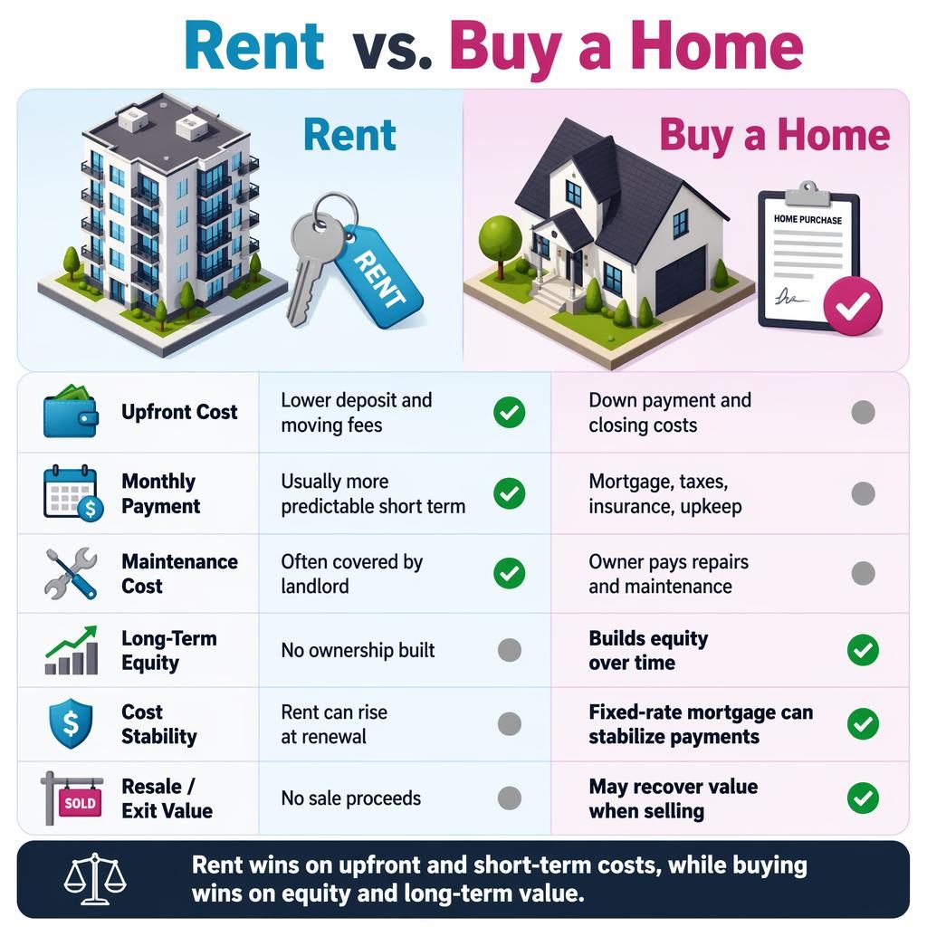 Isometric side-by-side infographic comparing Rent vs. Buy a Home with 6 cost rows, icons, and a bottom verdict bar.