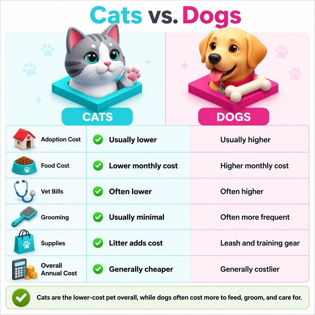 Infografía isométrica 3D Cats vs. Dogs con 2 columnas, 6 filas de costos y veredicto final en inglés.