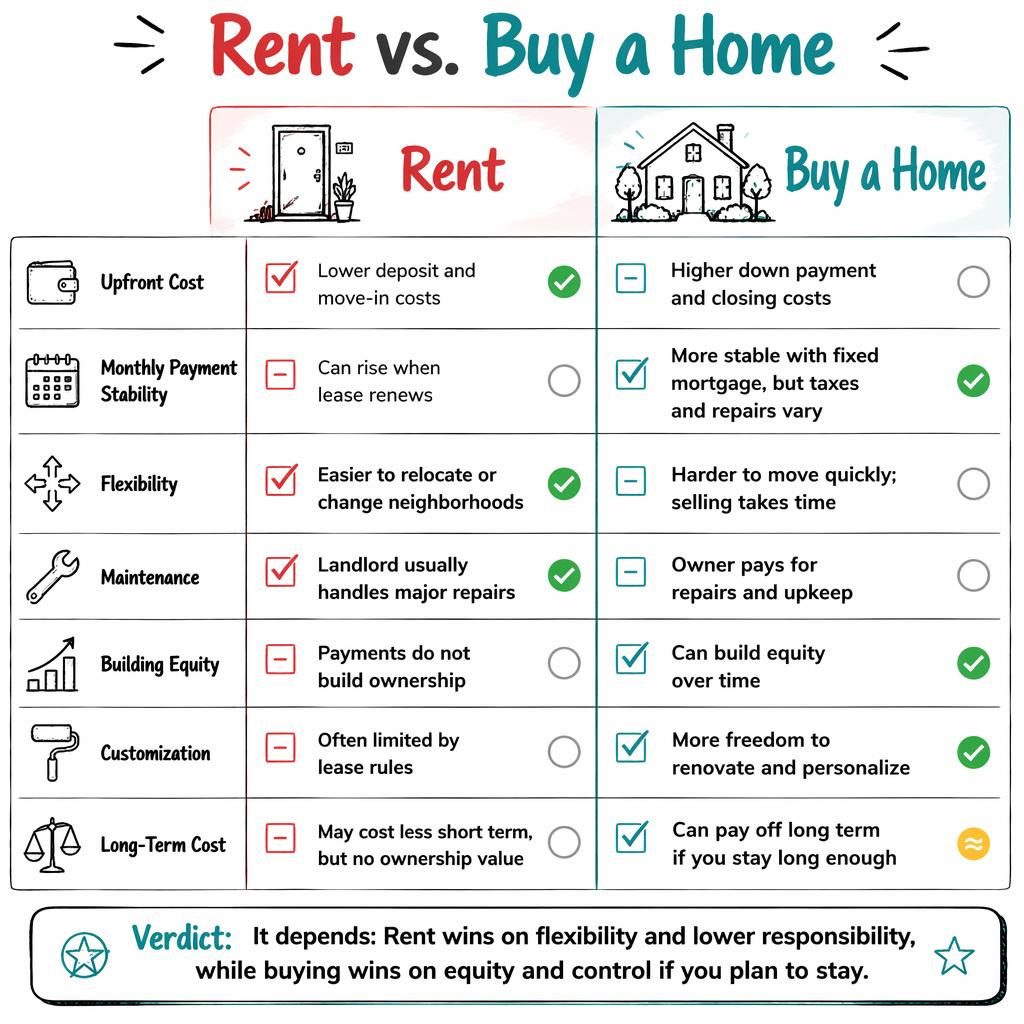 Sketch-style vertical infographic comparing Rent vs. Buy a Home in 7 rows with red and teal columns and icons.