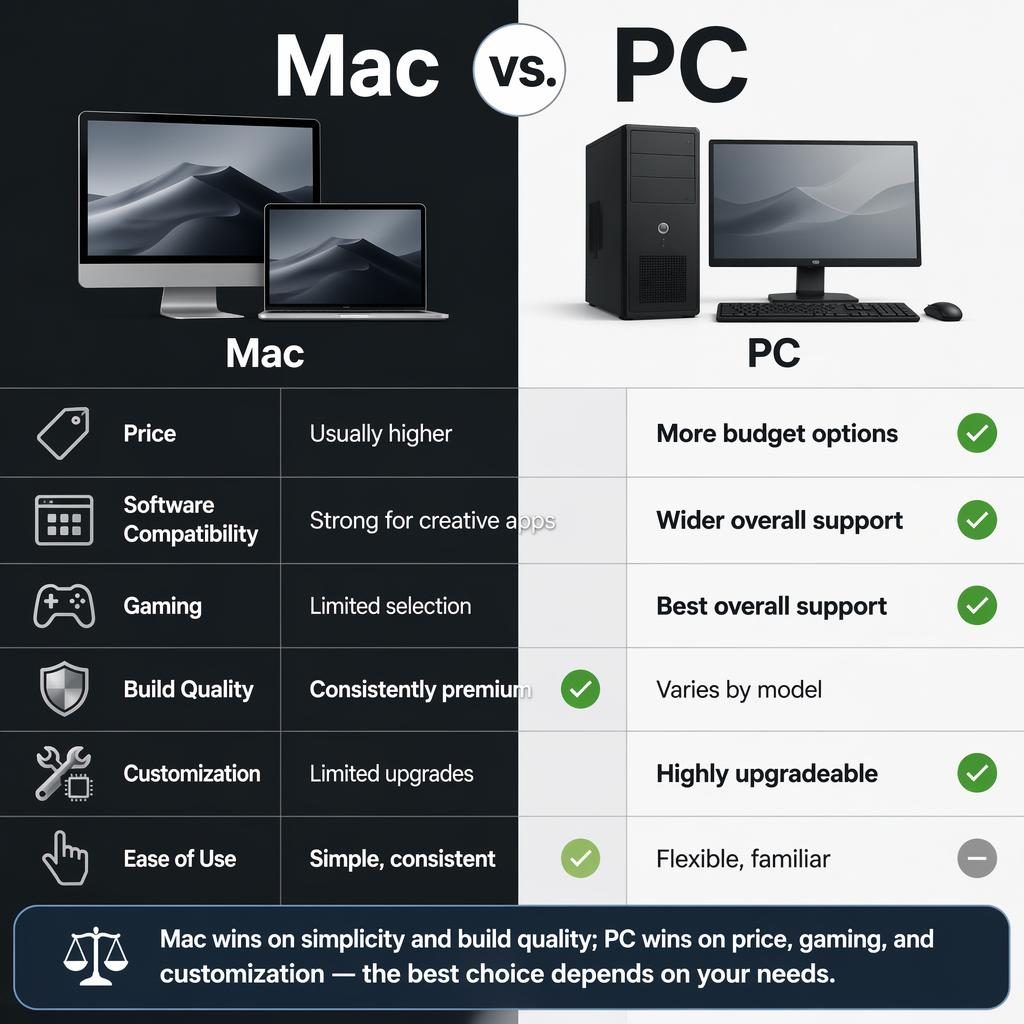 Side-by-side Mac vs PC product comparison chart with 6 attribute rows, icons, winner markers, and a balanced verdict bar.