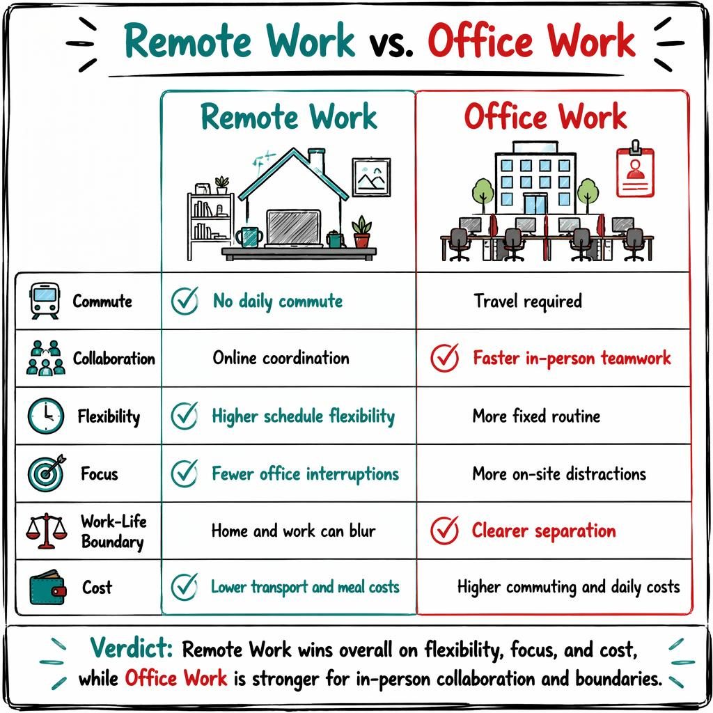 Sketch infographic with two columns comparing Remote Work and Office Work across 6 rows, with icons, highlights, and verdict bar.