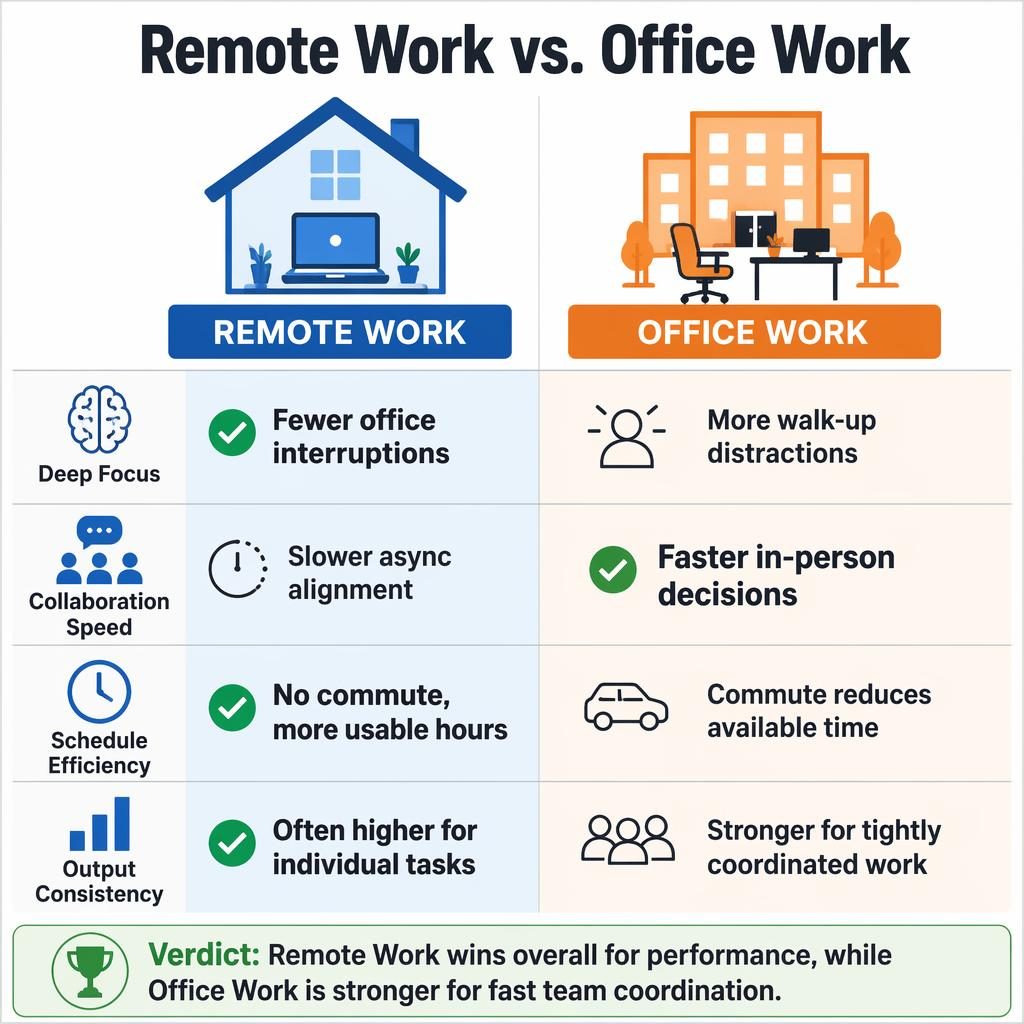 Minimal side-by-side infographic comparing Remote Work vs Office Work with 4 rows, icons, winner marks, and verdict bar.