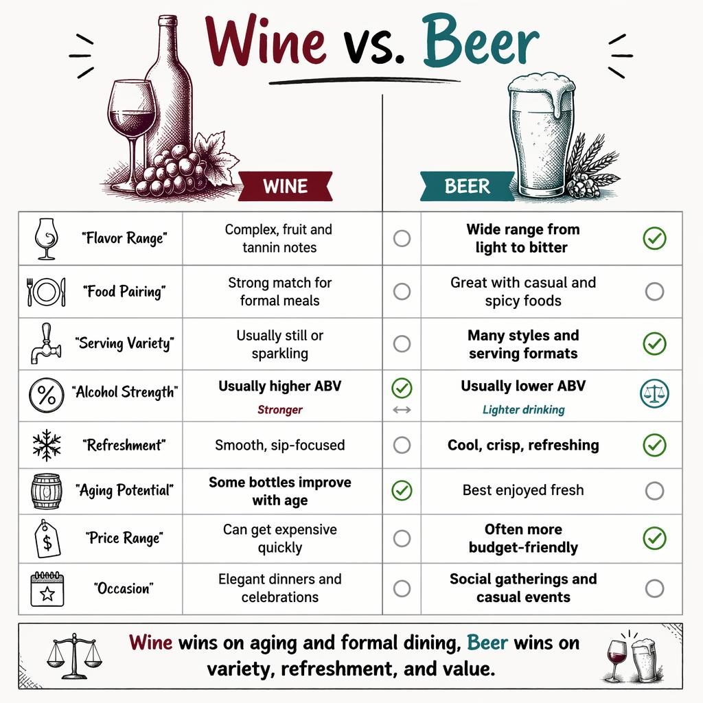 Sketch-style infographic comparing Wine vs Beer in two columns with 8 attribute rows, icons, winner cues, and verdict bar.